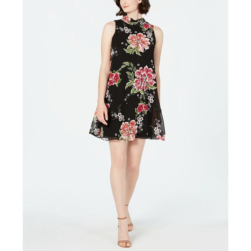 Robbie Bee Embroidered Floral‎ Overlay Sleeveless Mini Dress
